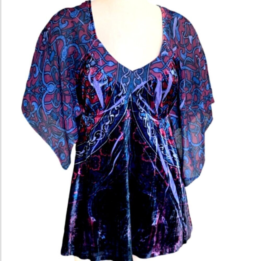 One World BOHO Velvet & Chiffon Kimono Sleeve Tunic‎ Blouse Sz S #303i